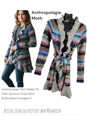 Anthropologie Moth Women's Splash Of Color Rainbow Stripe Ruffle Cardigan Top S
